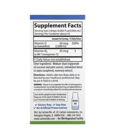 Carlson Vitamins D3 + K2 2000 ME Super Daily 2.54 ml - Buy Online on GoSupps.com