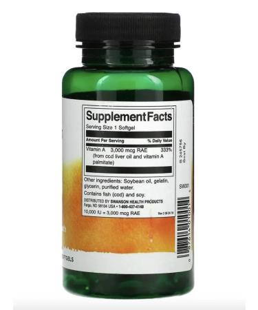 Swanson (USA) Vitamin a 10000 LU (3000 MCG) 250 Softgels Swanson USA - Buy Online on GoSupps.com