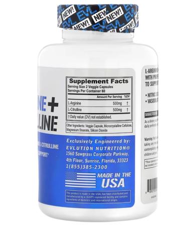 EVLution Nutrition L-Arginine and L-Citrullin 500 mg 120 vegan capsules - Buy Online on GoSupps.com