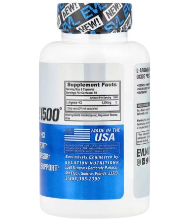EVLution Nutrition L-Arginine 1500 mg 100 capsules - Buy Online on GoSupps.com