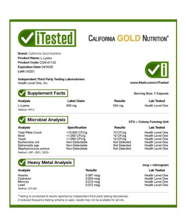 California Gold Nutrition California Gold L-Lysine L-Lisin 500 mg 60 plants. capsules - Buy Online on GoSupps.com