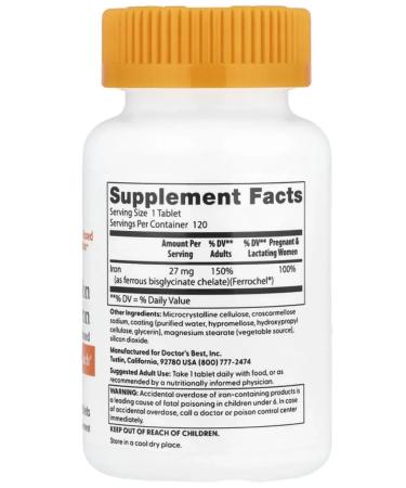 Doctor's Best High Absorption Iron Iron 27 mg 120 table - Buy Online on GoSupps.com