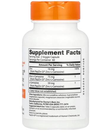 Doctor's Best Pepzin Gi Zinc-L-Carnosine Zinc Hhelat + L carnosine - Buy Online on GoSupps.com