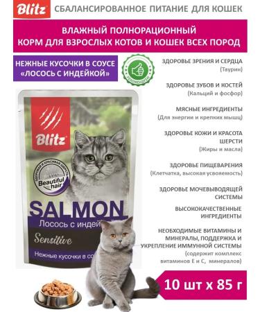 BLITZ Wet feed for cats 85g x 10pcs salmon with turkey in sauce