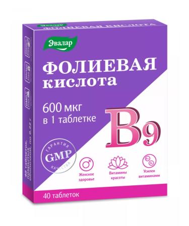 Evalar Folic acid 600 mg+vitamins B12 and B6 tablets 40pcs