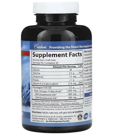 Carlson Labs Omega 3 fish oil 1600 mg 90 capsules - Buy Online on GoSupps.com