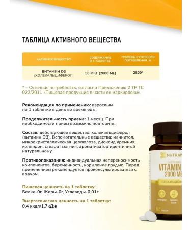 NUTRAWAY Vitamin D3 2000 IU 180 tablets for dietary supplement immunity - Buy Online on GoSupps.com