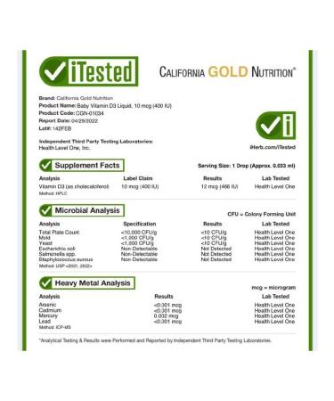 California Gold Nutrition Liquid vitamin D3 for children 10 mcg 400 IU 10 ml - Buy Online on GoSupps.com