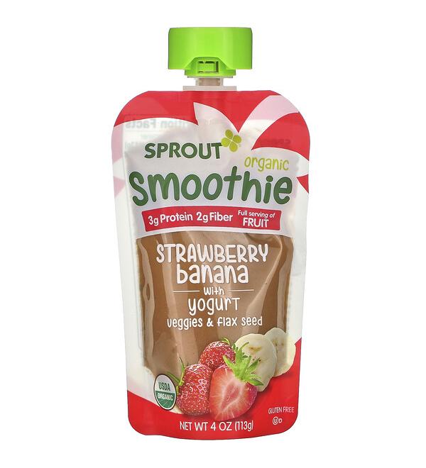 Sprout Organic Smoothie Strawberry Banana with Yogurt Veggies & Flax Seed 4 oz ( 113 g)