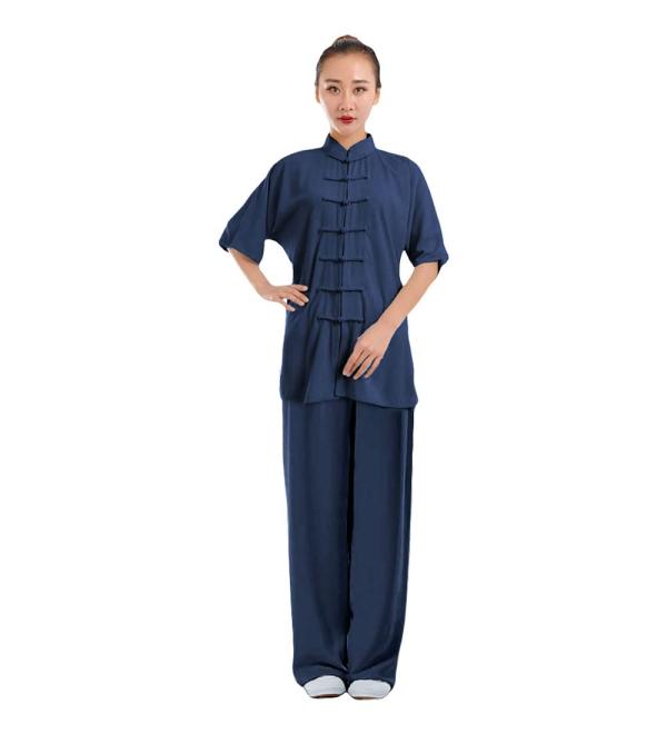 ZooBoo Unisex Cotton Blend Long/Short Sleeves Tai Chi Suit Morning Exercise Uniform Kung Fu Clothing Navy-short Sleeve Small