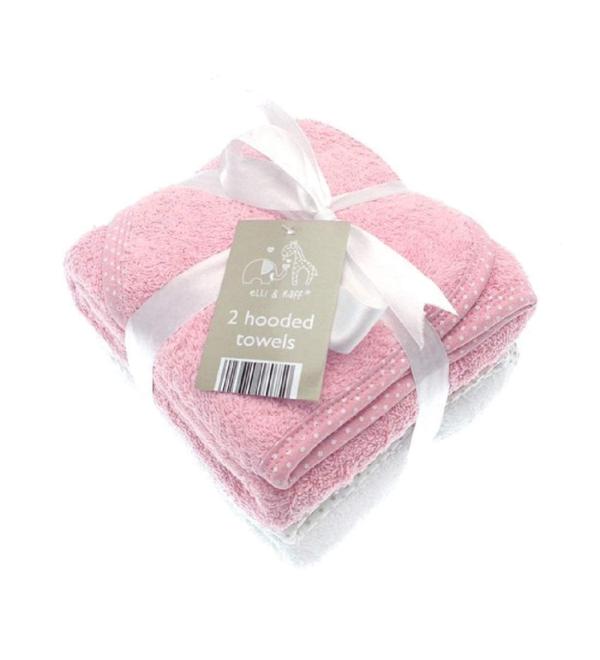 2 Soft White Elli and Raff Baby Hooded Bath Time Towel 100% Cotton Baby Gift (Pink)
