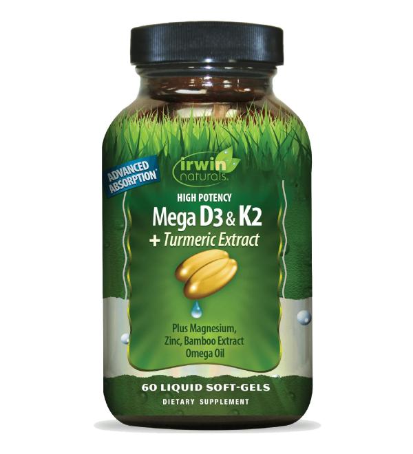 Irwin Naturals High Potency Mega D3 & K2 + Turmeric Extract 60 Liquid Soft-Gels - Buy Online on GoSupps.com