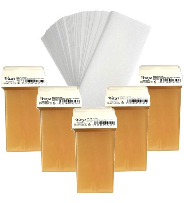 Waxee compatible for Veet Easy Wax 50ml roll on wax replacement roller wax cartridge HONEY (5 x 50ml roll-on + 50 strips)