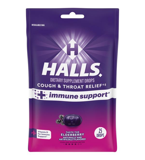 HALLS Cough and Throat Relief + Immune Support Elderberry Flavor Cough Drops 25 Drops - Buy Online on GoSupps.com