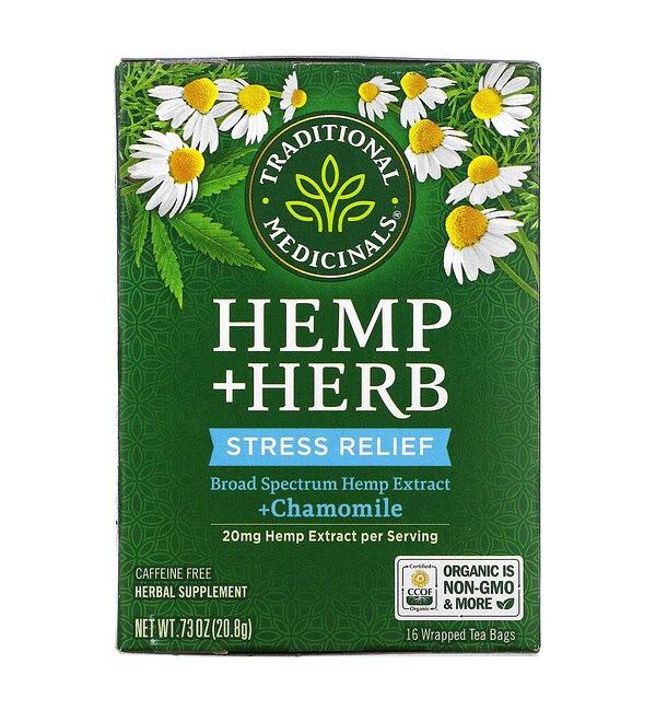 Traditional Medicinals Hemp+ Herb Stress Relief + Chamomile Caffeine Free 16 Wrapped Tea Bags .73 oz (20.8 g)