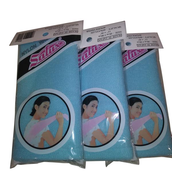 SALUX Nylon Japanese Beauty Skin Bath Wash Cloth/Towel - Blue (3 pack, Blue)