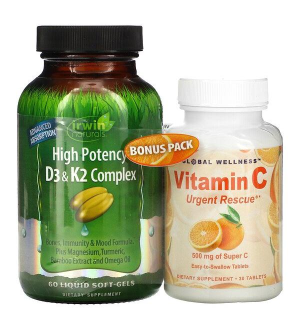 Irwin Naturals High Potency D3 & K2 Complex 60 Liquid Soft-Gels + Vitamin C 500 mg 30 Capsules