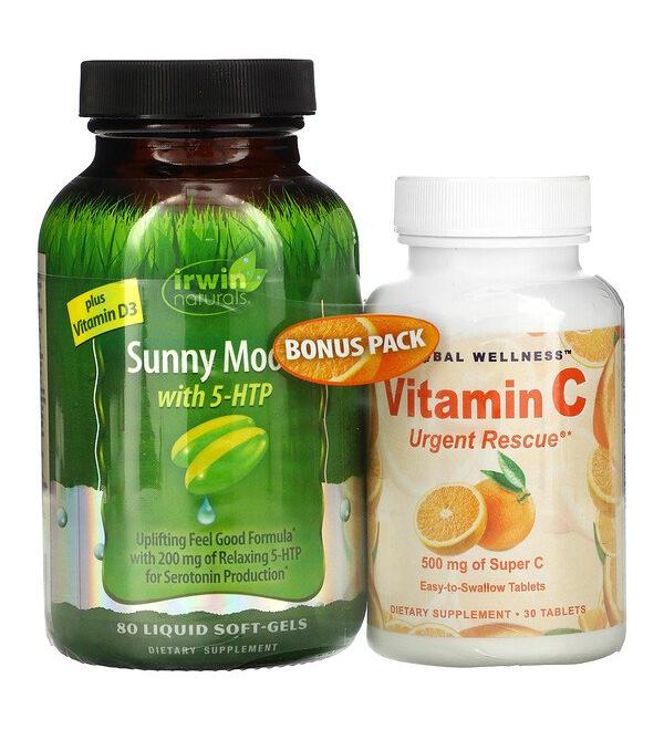 Irwin Naturals Sunny Mood with 5-HTP Plus Vitamin D3 80 Liquid Soft-Gels + Vitamin C 500 mg 30 Capsules