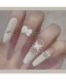 Valentine's Long Creamy White Butterfly Lace Coffin Fake Nails - Set of 24 with Pearl Bow and Diamond Accents - Buy Online on GoSupps.com