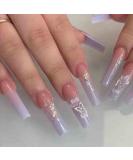 Purple Fake Nails with Sequins, Glitter, & 3D Butterfly Rhinestone Design - 24PCS - Buy Online on GoSupps.com