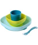 B aba - Silicone Feeding Meal Set - Set of 4 Pieces : Plate + Bowl + Cup + Spoon - Silicone with Strong Suction pad - Baby and Children - Blue - Buy Online on GoSupps.com