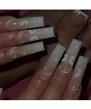 Foccna Pearl Flower Long White Press on Nails - 24PCS Full Cover Coffin Butterfly False Nails for Women and Girls - Buy Online on GoSupps.com