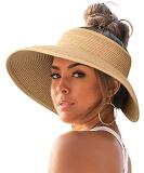 FURTALK Sun Visor Hats for Women Wide Brim Straw Roll Up Ponytail Summer Beach Hat UV UPF Packable Foldable Travel Medium 01-pure Khaki - Buy Online on GoSupps.com