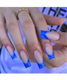 QINGGE Navy Blue French Tip Press on Nails Medium Length Coffin Glossy False Nails - Full Cover Wave Design Acrylic Nails for Women - Buy Online on GoSupps.com
