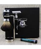 Men's Black Shaving Kit - Badger Hair Brush Safety Razor & Stainless Steel Stand | Premium Grooming Set - Buy Online on GoSupps.com