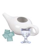 Porcelain Ceramic Neti Pot for Nasal Cleansing - Sinus Relief & Optimal Health | White with Plastic Eye Wash Cup - International Shipping - Buy Online on GoSupps.com