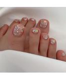 Silver Glitter Butterfly Sequins Toe Nail Press Ons - 24PCS Short Square Fake Toenails for Women | Summer Manicure Glossy Design - Style 13 - Buy Online on GoSupps.com