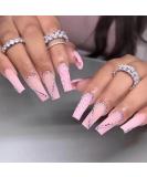 Foccna Coffin Valentine's Day Press on Nails - Pink Rhinestone Medium Long False Nails for Women - Acrylic Matte Full Cover Manicure Decoration - Buy Online on GoSupps.com