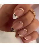 24 Pcs Almond French Tip Press on Nails with Gold Line Stripes and Leopard Designs - Glossy False Nails for Women and Girls - Buy Online on GoSupps.com