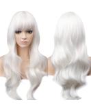 YEESHEDO 28 Long Wavy Curly White Wig with Fringe | Heat Resistant Synthetic Hair for Women - Perfect for Halloween, Cosplay, Anime & Snow White Costumes - Buy Online on GoSupps.com