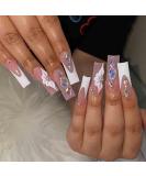 Foccna Extra Long White Press-On Nails | French Square Fake Nails with Crystal Flowers | 24PCS Acrylic Full Cover Nail Tips for Women & Girls - Buy Online on GoSupps.com