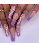 RikView Long Coffin Acrylic French Press on Nails - Bling Purple Nude Fake Nails - Buy Online on GoSupps.com