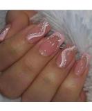 Foccna Coffin French Press On Nails - Pink Swirls Medium Long Fake Nails for Women & Girls | 24 Pcs - Cute Daily Artificial Nail Art - Buy Online on GoSupps.com