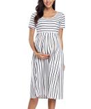 Love2Mi Short-Sleeve Maternity Dress - A-Line Midi Dress for Pregnant Women - S White Black Stripe - Buy Online on GoSupps.com