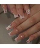 Foccna 3D Flower Fake Nails - Square Pink French Press on Long Nails with Rhinestones | 24pcs Glossy Artificial Nail Tips for Women & Girls - Buy Online on GoSupps.com
