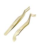 QUEWEL Eyelash Applicator Tool - 2 Stainless Steel Cluster Tweezers for Individual Eyelashes | DIY Curved Eyelash Tweezers | Golden Eyelash Applicator for Perfect Lash Application - Buy Online on GoSupps.com