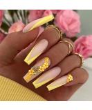 Justotry 24-Piece Coffin 3D Nails - Lemon French Floral Ballerina Press-On Nails for Women | Short Fake Nails - Buy Online on GoSupps.com