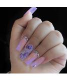 Medium Length Square Coffin Nude Fake Nails with Purple Butterfly 3D Rhinestones - 24Pcs - Buy Online on GoSupps.com