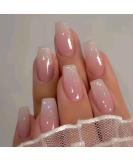 French Tip Long Press On Nails - 24 PCS Coffin Fake Nails | Glossy Pink Nails for Women - Buy Online on GoSupps.com