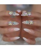 Luxury Extra Long Ombre French Designer Fake Nails with AB Stones Decoration - Stiletto Shape | Pre-designed Natural Tips with Crystal Jewelry - Ombre Luxe - Buy Online on GoSupps.com