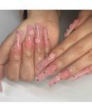 Foccna Pink 3D Flower Press on Nails - 24pcs Long Square Bling Rhinestone Fake Nails for Women and Girls - Buy Online on GoSupps.com