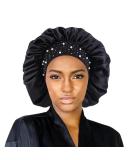 YeeMan Glittering Pearls & Rhinestones Satin Hair Bonnet - Black Wide Band Sleeping Cap - Buy Online on GoSupps.com