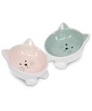 Navaris 2 x Ceramic Cat Bowls - Twin Pack of Cat Feeding Dishes with Anti Slip Silicone Feet - Rose and Green Cat Shaped Food and Water Bowls for Cats - Buy Online on GoSupps.com