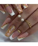 Medium Square Press on Nails - Gold Foil French Tip False Nails | 24 Pcs Stick on Glitter Acrylic Nails for Women & Manicure Art - Buy Online on GoSupps.com
