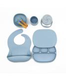 Baby Weaning Set | Toddler Feeding Kit with Silicone and Wood | Plate, Cup, Bowl, Spoon, Fork, Snack Cup Lid | Dusty Blue - Buy Online on GoSupps.com