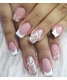 Pink French Nails Press on with Flower Heart Design - 24pcs Medium Length Square Fake Nails for Women and Girls - Buy Online on GoSupps.com